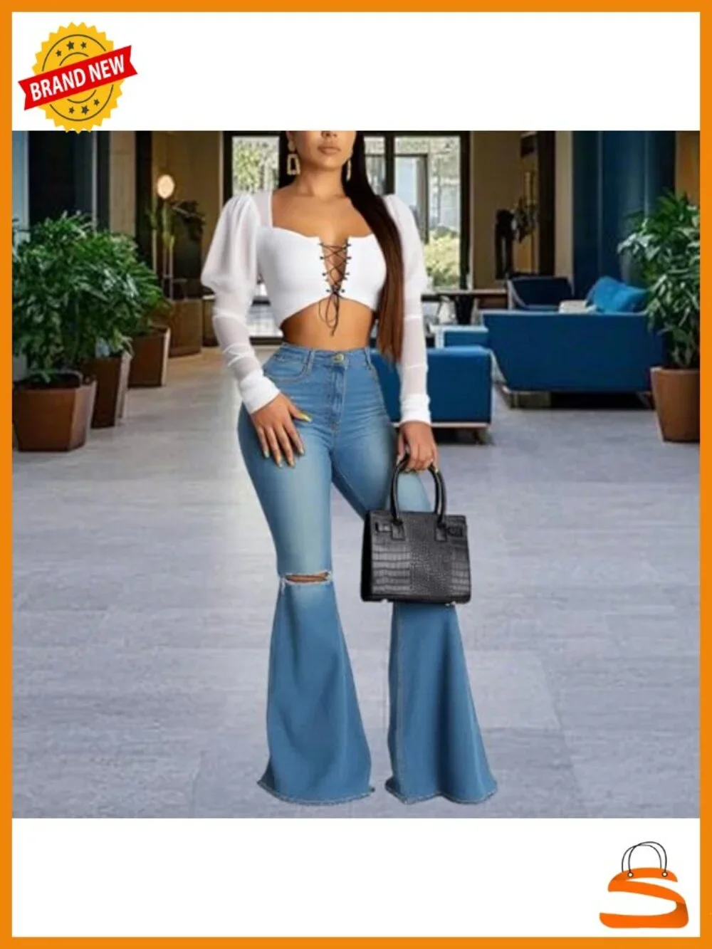 Bell Bottom Jeans Women High Waisted Elastic Raw Hem Denim Flare Pants Vintage